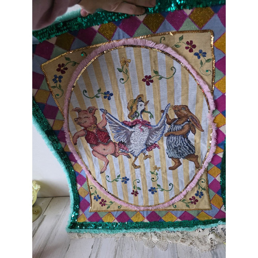 Goodwin weaves Tracy Porter bunny goose pig RARE tapestry‎ hanging sequin unique